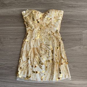Sherri Hill Sequined Strapless Mini Cocktail Dress in White/Gold, Size 2